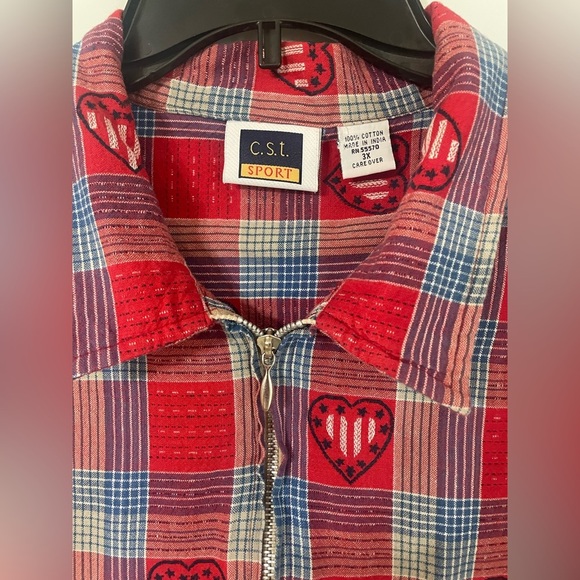 C.S.T Sport Vintage Red White & Blue Embroidered Heart Zip Up Blouse Cotton 3X - Picture 3 of 6